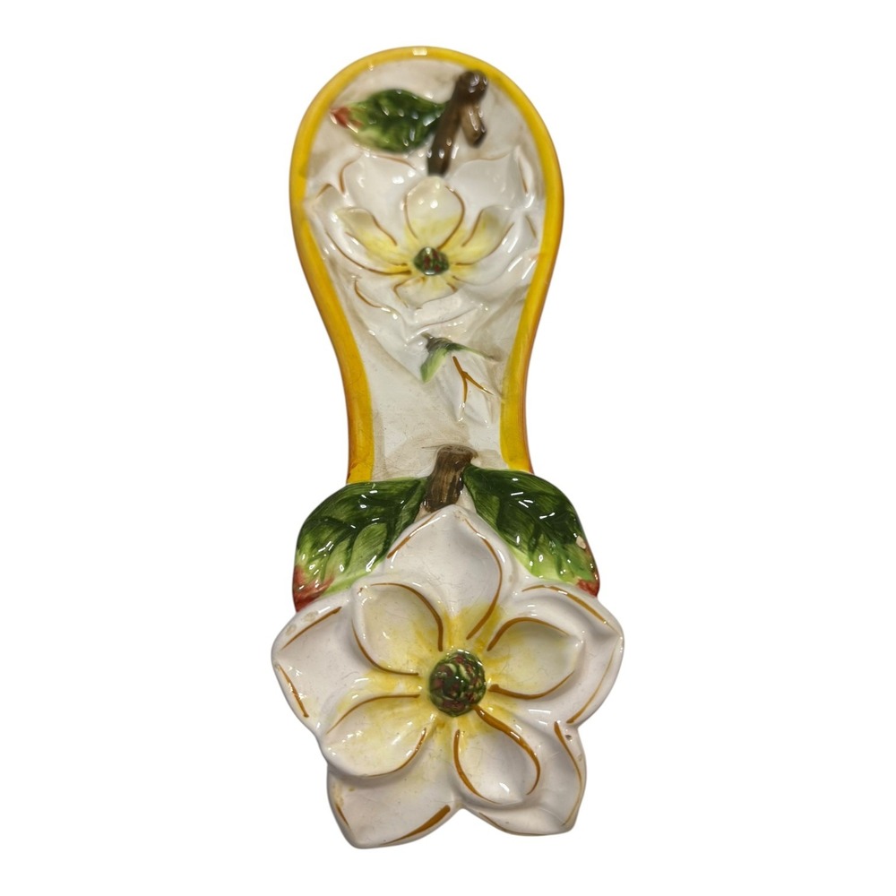 KK Ceramic Magnolia Floral Spoon Rest White Yellow Hand Painted Kitchen Decor